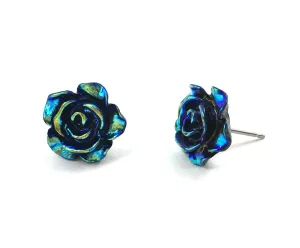 12mm Iridescent Oil Spill Blue Black Rose Stud Earrings with Titanium or Surgical Stainless Steel Posts for Sensitive Ears