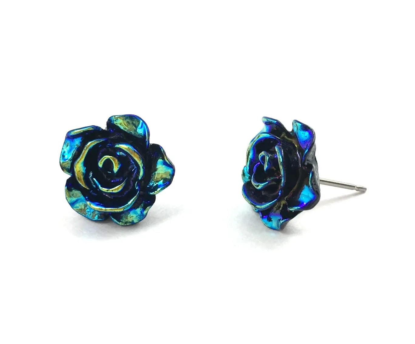 12mm Iridescent Oil Spill Blue Black Rose Stud Earrings with Titanium or Surgical Stainless Steel Posts for Sensitive Ears