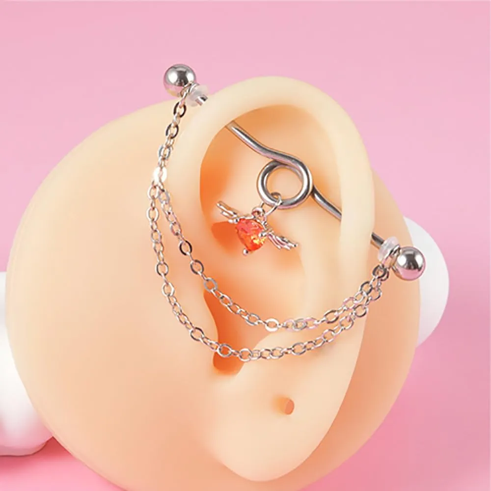 14G Heart Chain Dangle Industrial Barbell Earrings Stainless Steel Industrial Piercing Jewelry 38mm Conch Helix Cartilage Industrial Bar for Women