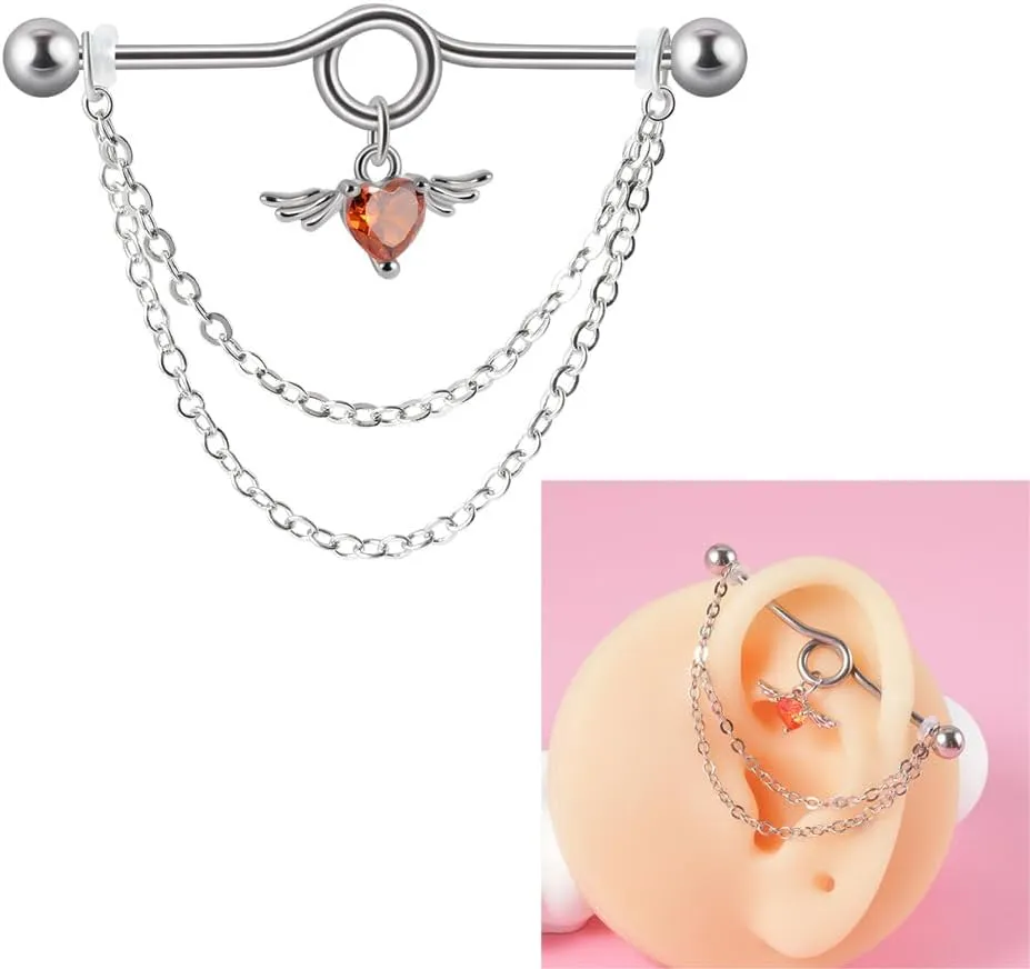 14G Heart Chain Dangle Industrial Barbell Earrings Stainless Steel Industrial Piercing Jewelry 38mm Conch Helix Cartilage Industrial Bar for Women