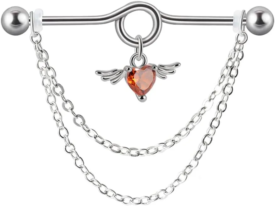 14G Heart Chain Dangle Industrial Barbell Earrings Stainless Steel Industrial Piercing Jewelry 38mm Conch Helix Cartilage Industrial Bar for Women