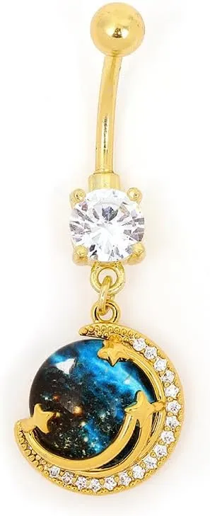 14G Starry Sky Moon Dangle Belly Button Ring 14K Gold Plated Surgical Steel Belly Navel Rings Belly Curved Barbell Hypoallergenic Belly Piercing Jewelry for Women
