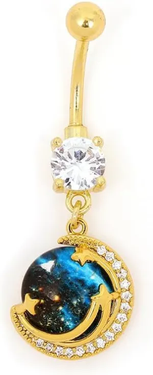 14G Starry Sky Moon Dangle Belly Button Ring 14K Gold Plated Surgical Steel Belly Navel Rings Belly Curved Barbell Hypoallergenic Belly Piercing Jewelry for Women