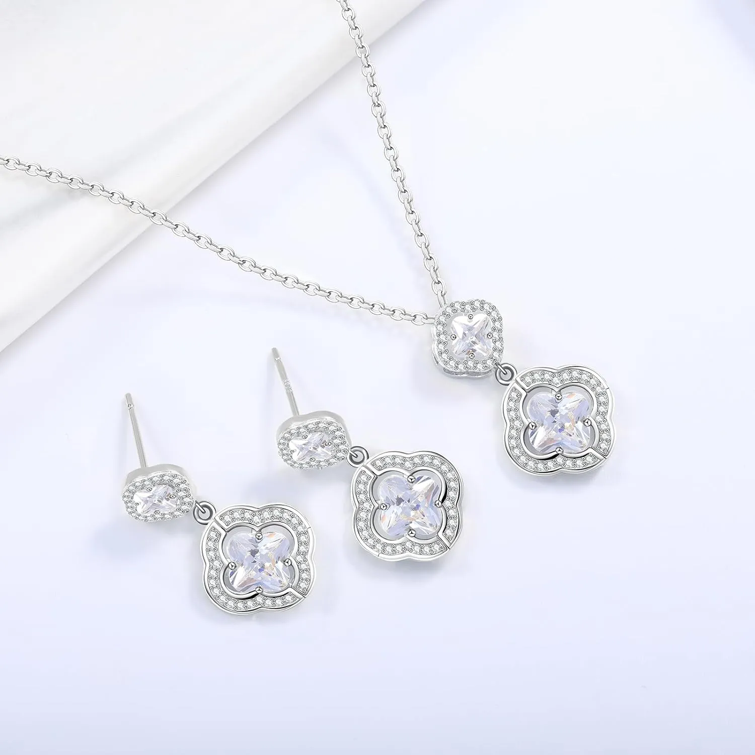 14K Gold Plated | 14K Platinum Plated Necklace for Women Necklace Earrings Set with Sparkling Zircon Inlay and Silver Post Earrings
