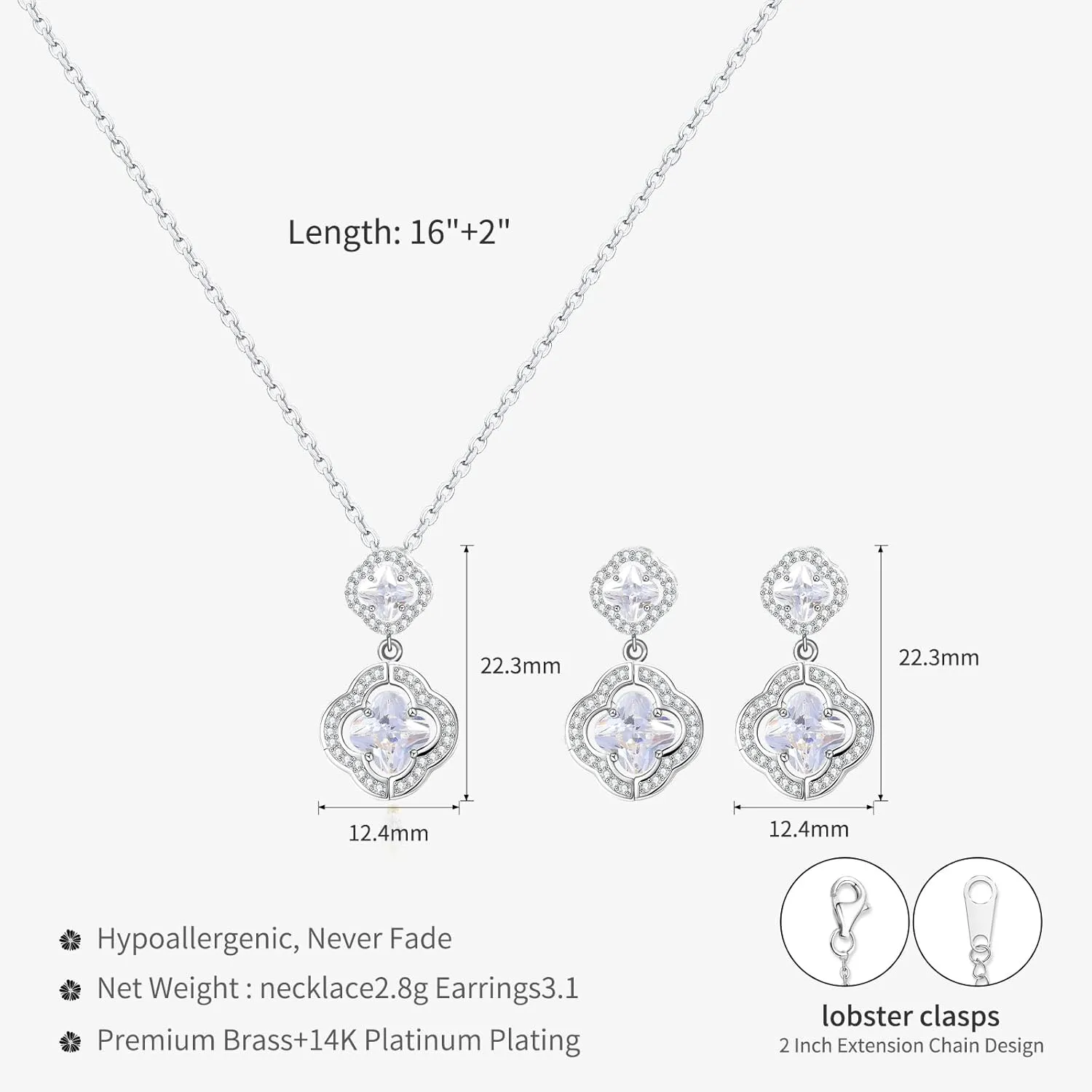 14K Gold Plated | 14K Platinum Plated Necklace for Women Necklace Earrings Set with Sparkling Zircon Inlay and Silver Post Earrings