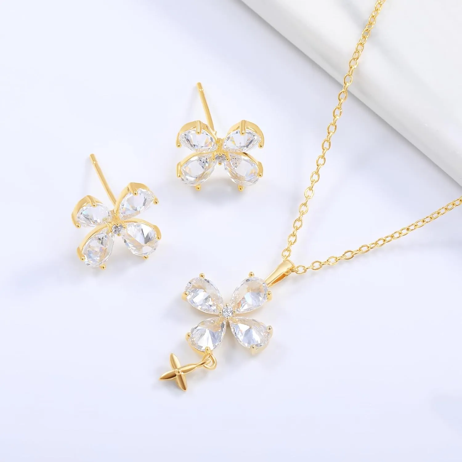 14K Gold Plated | 14K Platinum Plated Necklace for Women Necklace Earrings Set with Sparkling Zircon Inlay and Silver Post Earrings