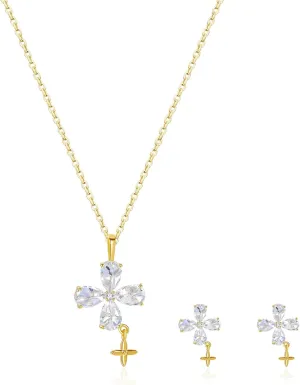 14K Gold Plated | 14K Platinum Plated Necklace for Women Necklace Earrings Set with Sparkling Zircon Inlay and Silver Post Earrings
