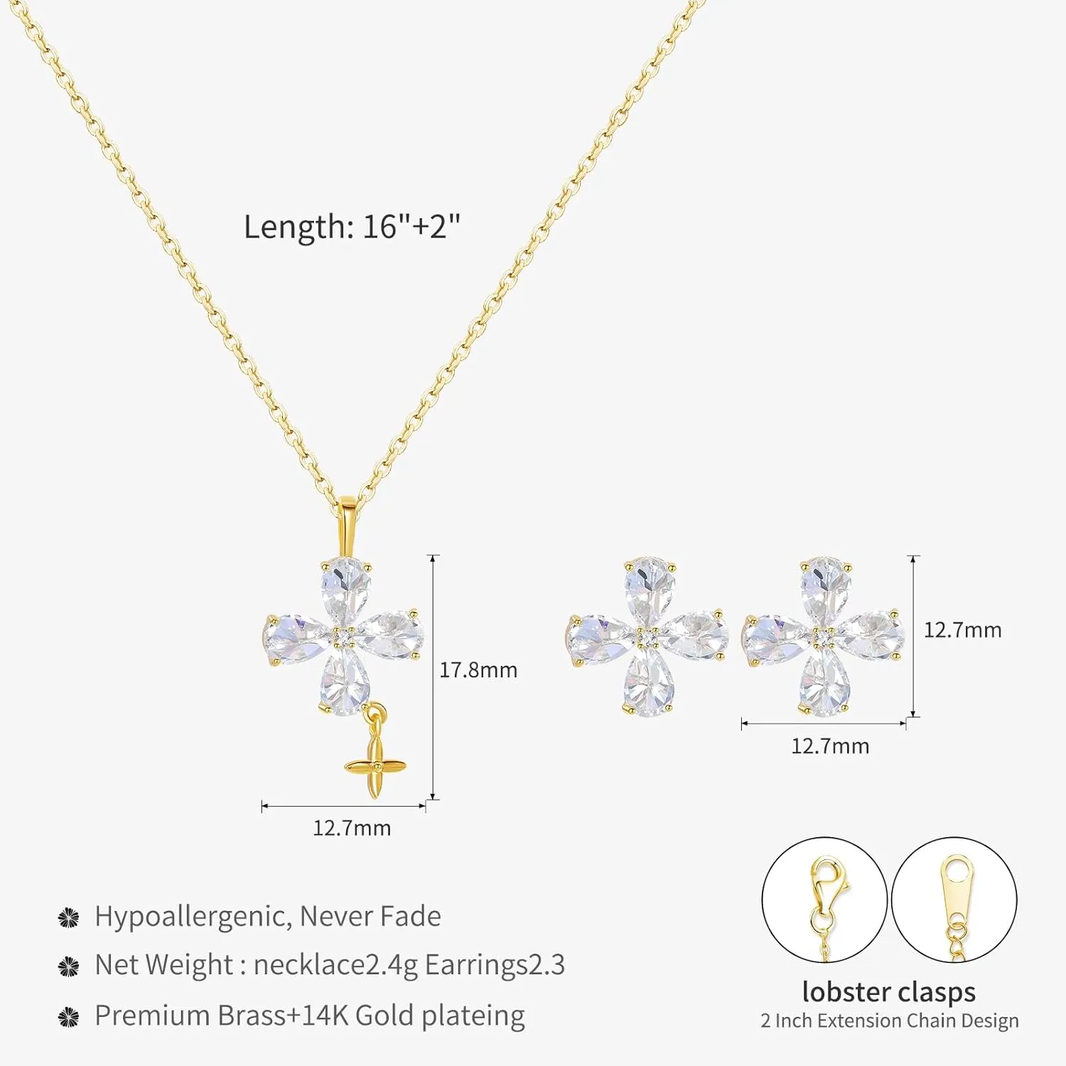 14K Gold Plated | 14K Platinum Plated Necklace for Women Necklace Earrings Set with Sparkling Zircon Inlay and Silver Post Earrings