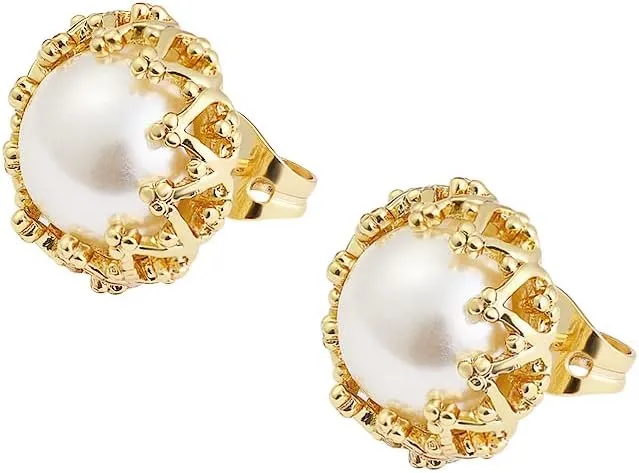 14k Gold Plated Brass Crown Simulated Pearl Stud Earrings