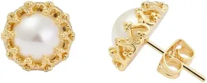 14k Gold Plated Brass Crown Simulated Pearl Stud Earrings