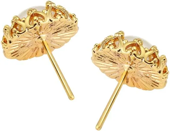 14k Gold Plated Brass Crown Simulated Pearl Stud Earrings