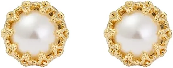 14k Gold Plated Brass Crown Simulated Pearl Stud Earrings