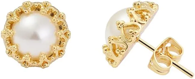 14k Gold Plated Brass Crown Simulated Pearl Stud Earrings