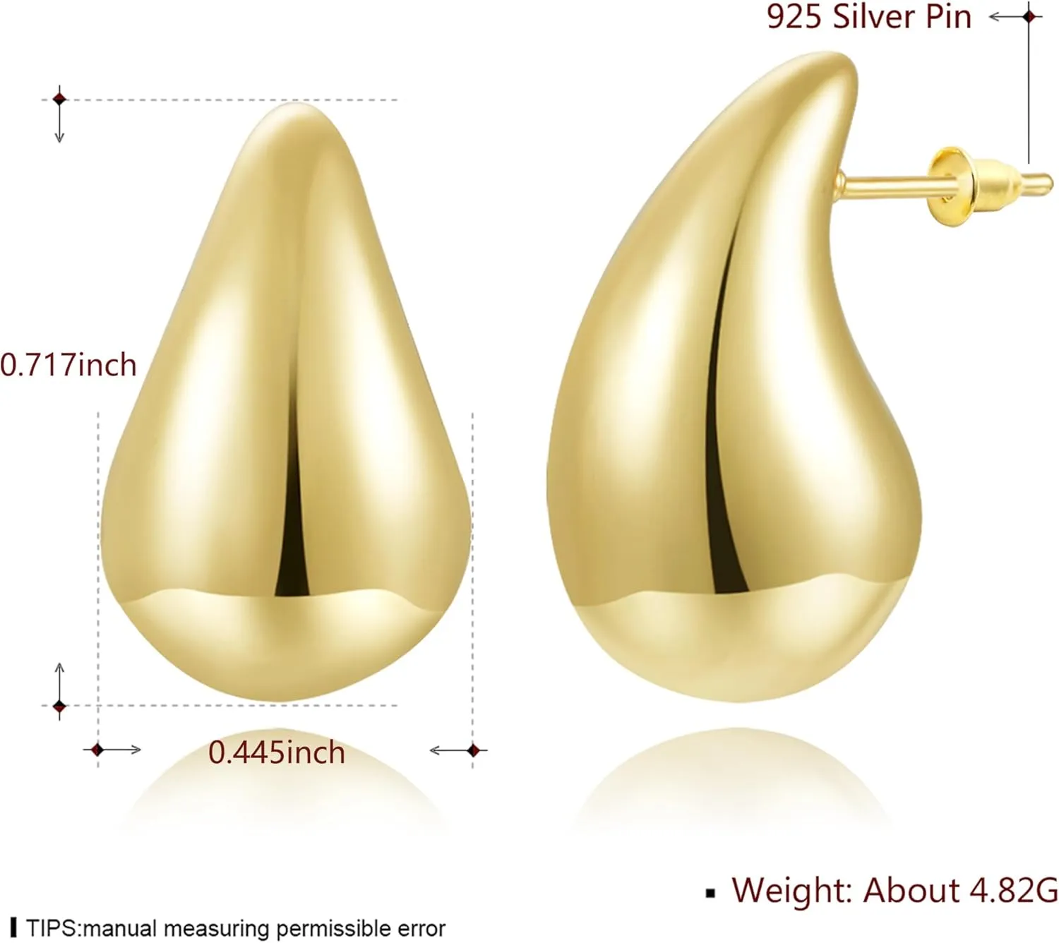 14K Gold Plated Chunky Teardrop Earrings,925 Sterling Silver Post Lightweight Drop Earrings for Women Trendy Fashion Jewelry
