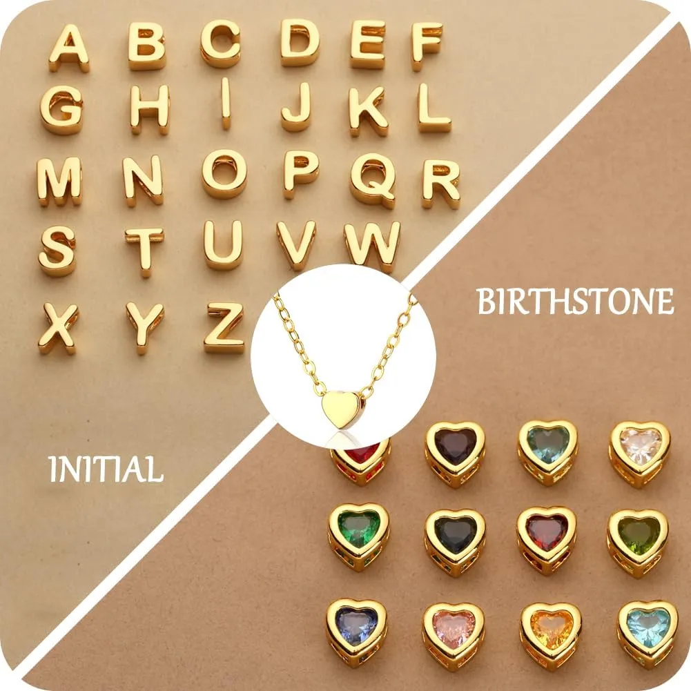 14K Gold Plated Heart Necklace with Adjustable Chain- Personalized initials and heart birthstones freely combined for Meaningful Gifts and Express Your Love