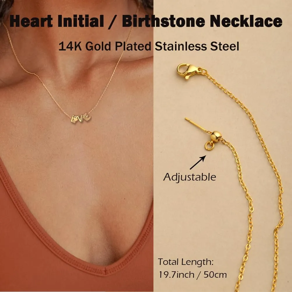 14K Gold Plated Heart Necklace with Adjustable Chain- Personalized initials and heart birthstones freely combined for Meaningful Gifts and Express Your Love