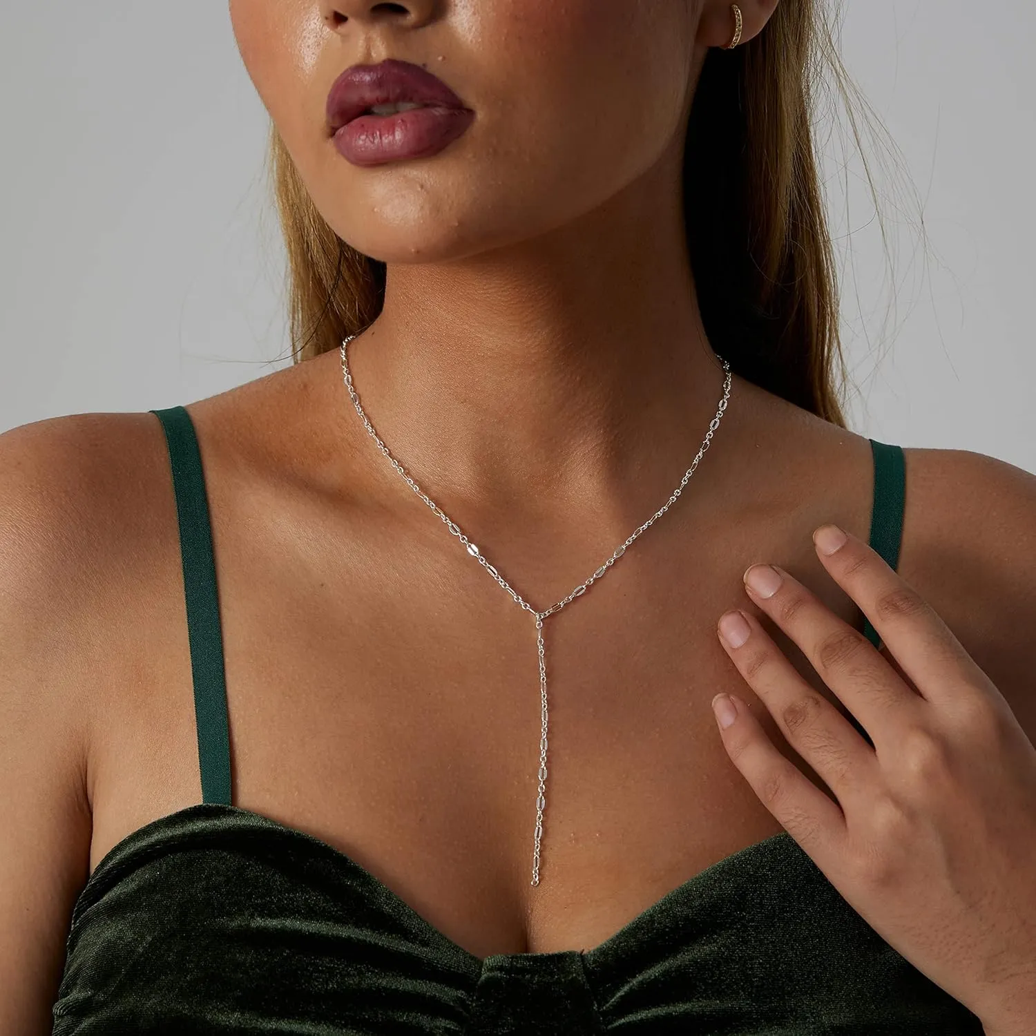 14K Gold Plated Lariat Necklace Dainty Long Gold Necklaces for Women Drop Y Necklace Cubic Zirconia Necklace Lip Chain Bar Bead Necklace Cute Jewelry