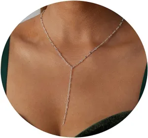 14K Gold Plated Lariat Necklace Dainty Long Gold Necklaces for Women Drop Y Necklace Cubic Zirconia Necklace Lip Chain Bar Bead Necklace Cute Jewelry