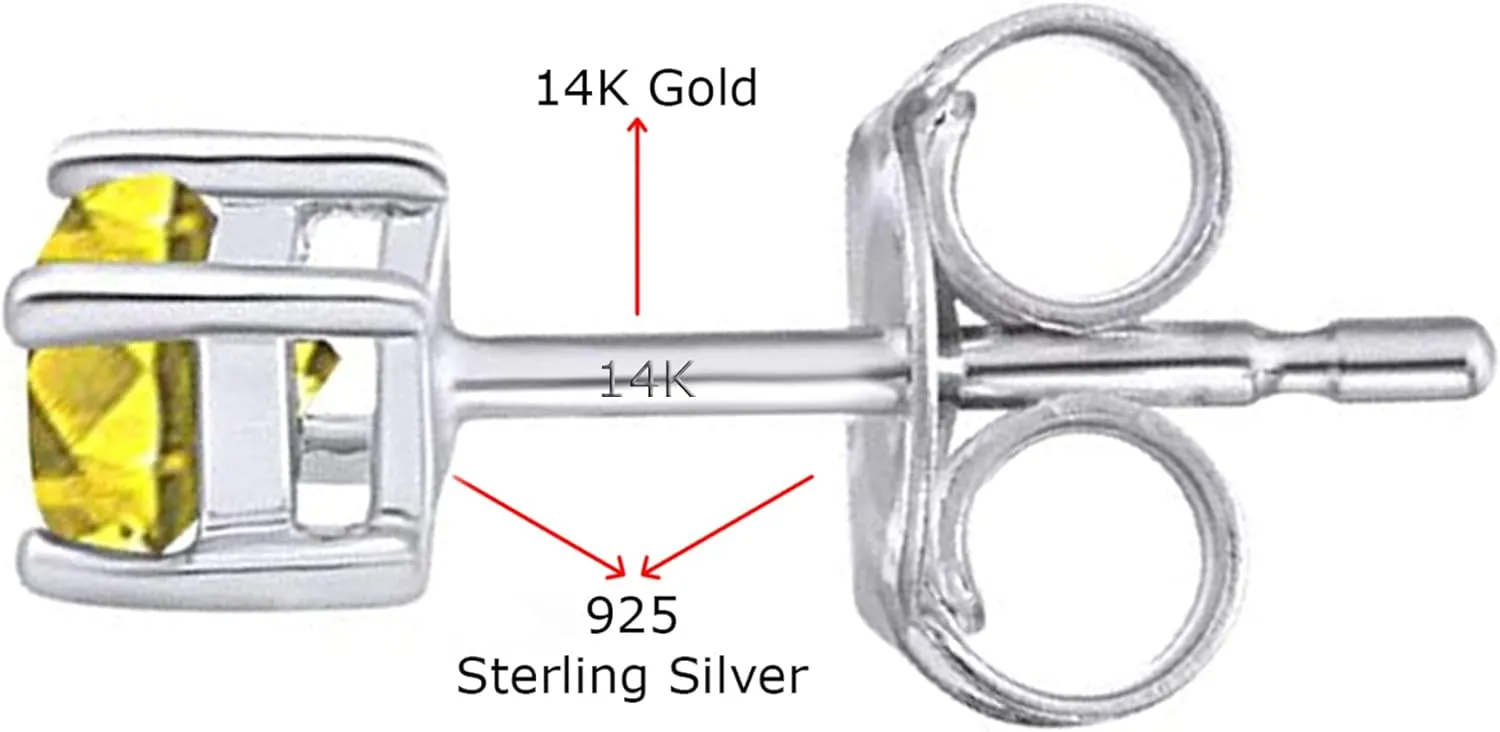 14K Gold Post Princess Cut Yellow Natural Diamond 1/4 Cttw - 1/3 Cttw Solitaire Stud Earrings Sterling Silver Push Back Jewelry for Women
