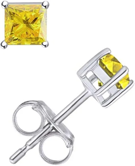 14K Gold Post Princess Cut Yellow Natural Diamond 1/4 Cttw - 1/3 Cttw Solitaire Stud Earrings Sterling Silver Push Back Jewelry for Women