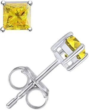 14K Gold Post Princess Cut Yellow Natural Diamond 1/4 Cttw - 1/3 Cttw Solitaire Stud Earrings Sterling Silver Push Back Jewelry for Women