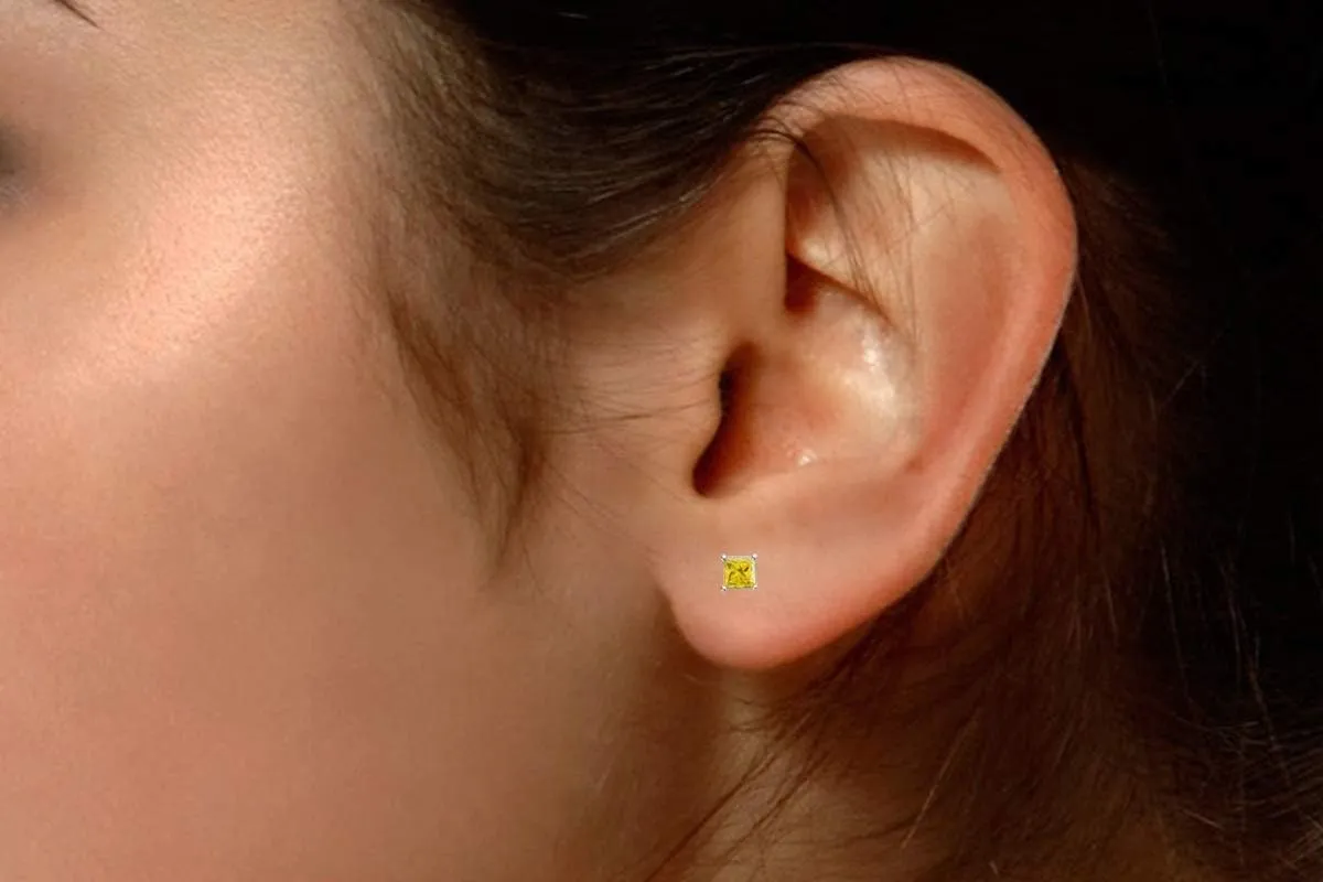 14K Gold Post Princess Cut Yellow Natural Diamond 1/4 Cttw - 1/3 Cttw Solitaire Stud Earrings Sterling Silver Push Back Jewelry for Women