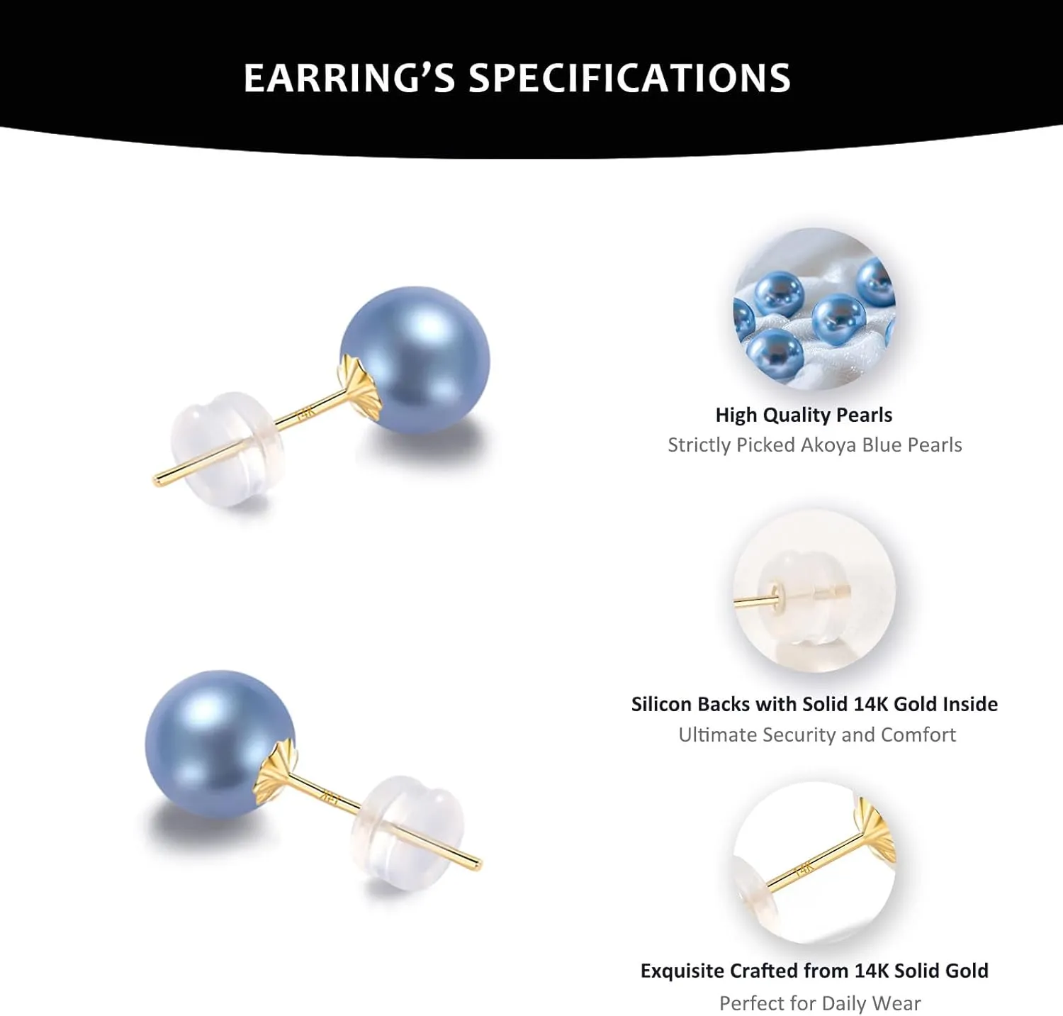 14K Solid Gold AKOYA Pearl Stud Earrings - Round Saltwater Cultured Blue Pearls - Hypoallergenic Everyday Jewelry for Women - Perfect Jewelry Gift for Her