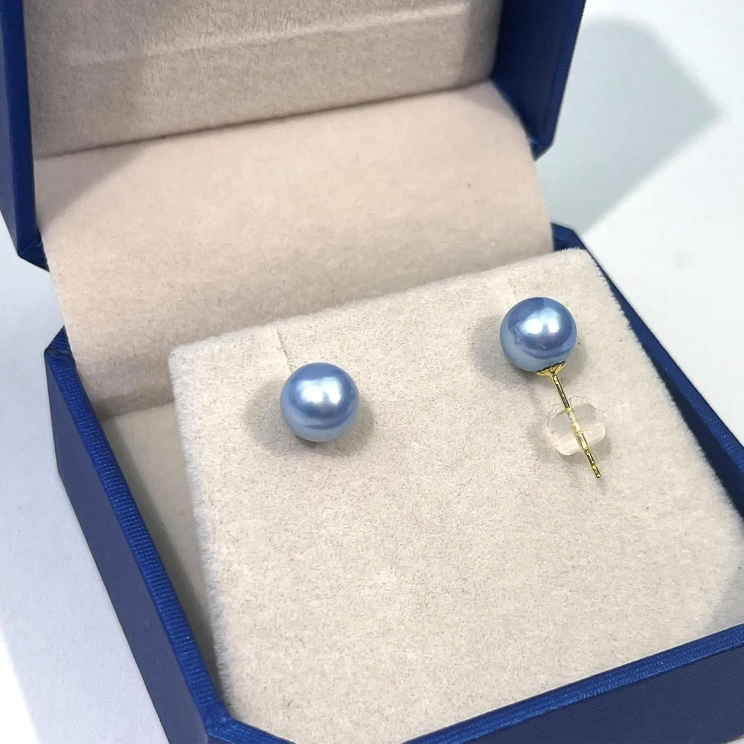 14K Solid Gold AKOYA Pearl Stud Earrings - Round Saltwater Cultured Blue Pearls - Hypoallergenic Everyday Jewelry for Women - Perfect Jewelry Gift for Her