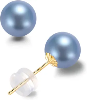 14K Solid Gold AKOYA Pearl Stud Earrings - Round Saltwater Cultured Blue Pearls - Hypoallergenic Everyday Jewelry for Women - Perfect Jewelry Gift for Her