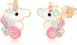 14k Yellow Gold Unicorn Earrings Stud Girls Gift Pink White Enamel