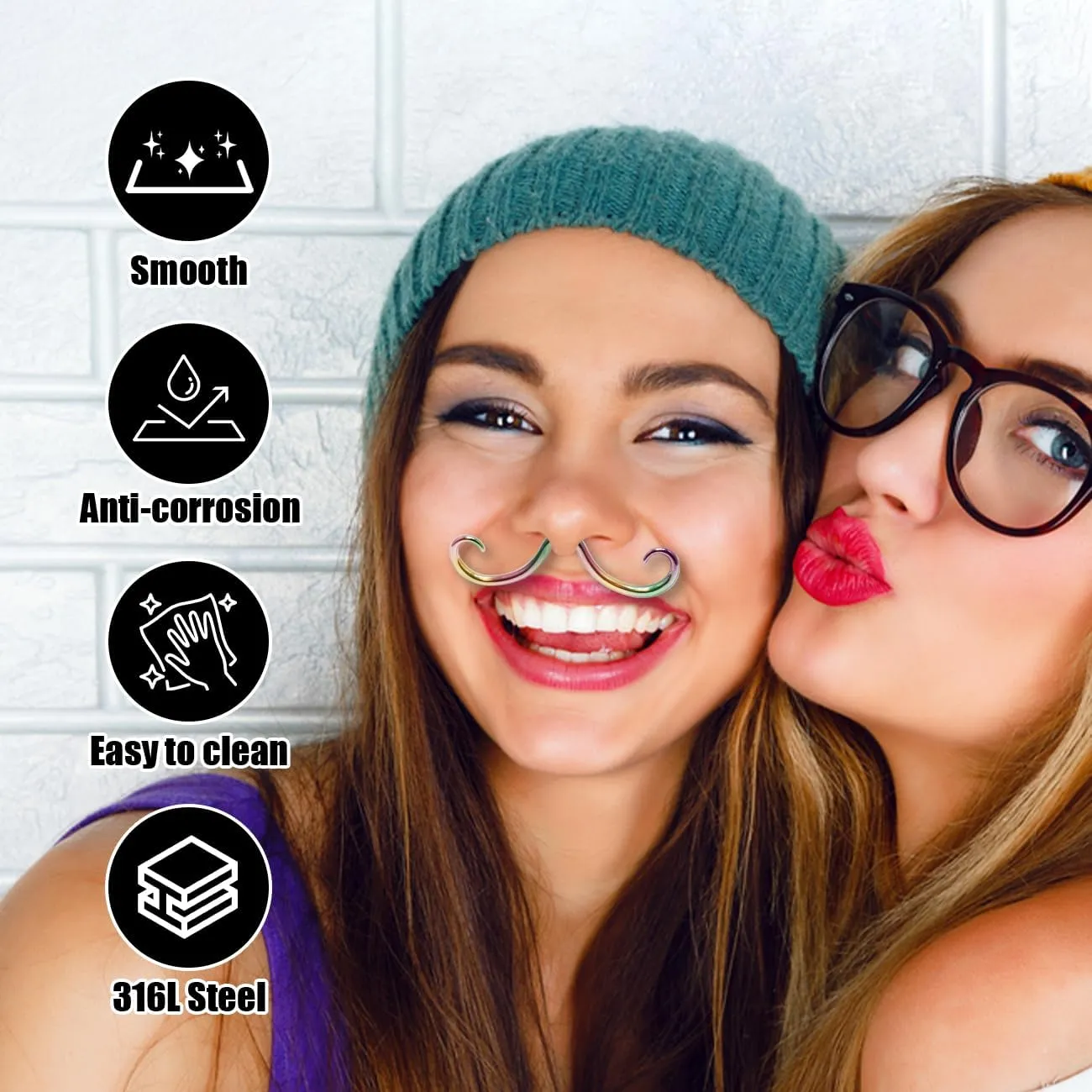 16G 14G Mustache Septum Ring PVD Plated Septum Mustache Nose Ring 316L Surgical Steel Piercing Jewelry for Women Men