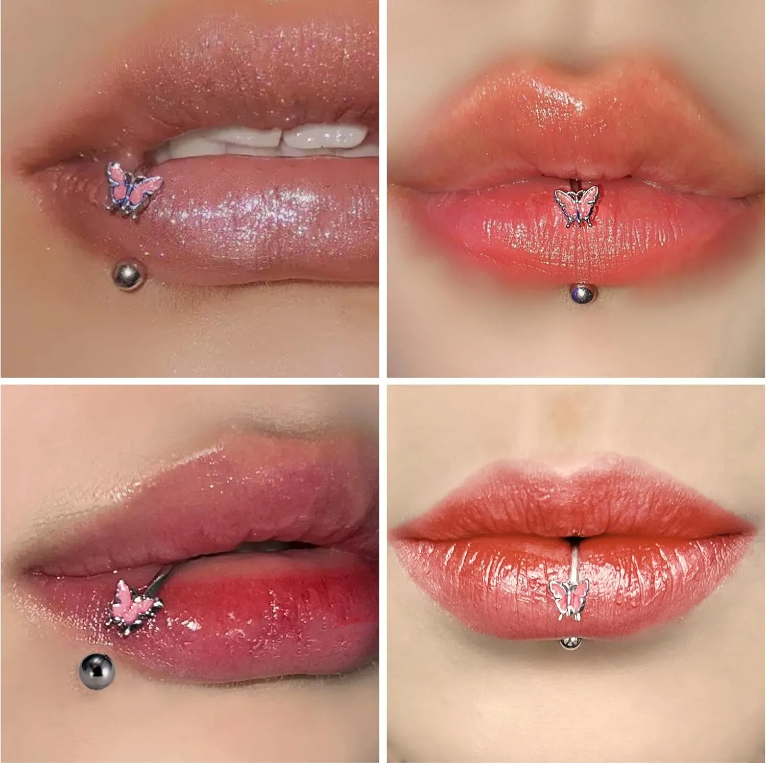 16G 2PCs Cute Pink Butterfly Lip Rings, Snake Bite Jewelry for Snake Bites Piecing, Horseshoe Labret Jewelry for Lip Piercing