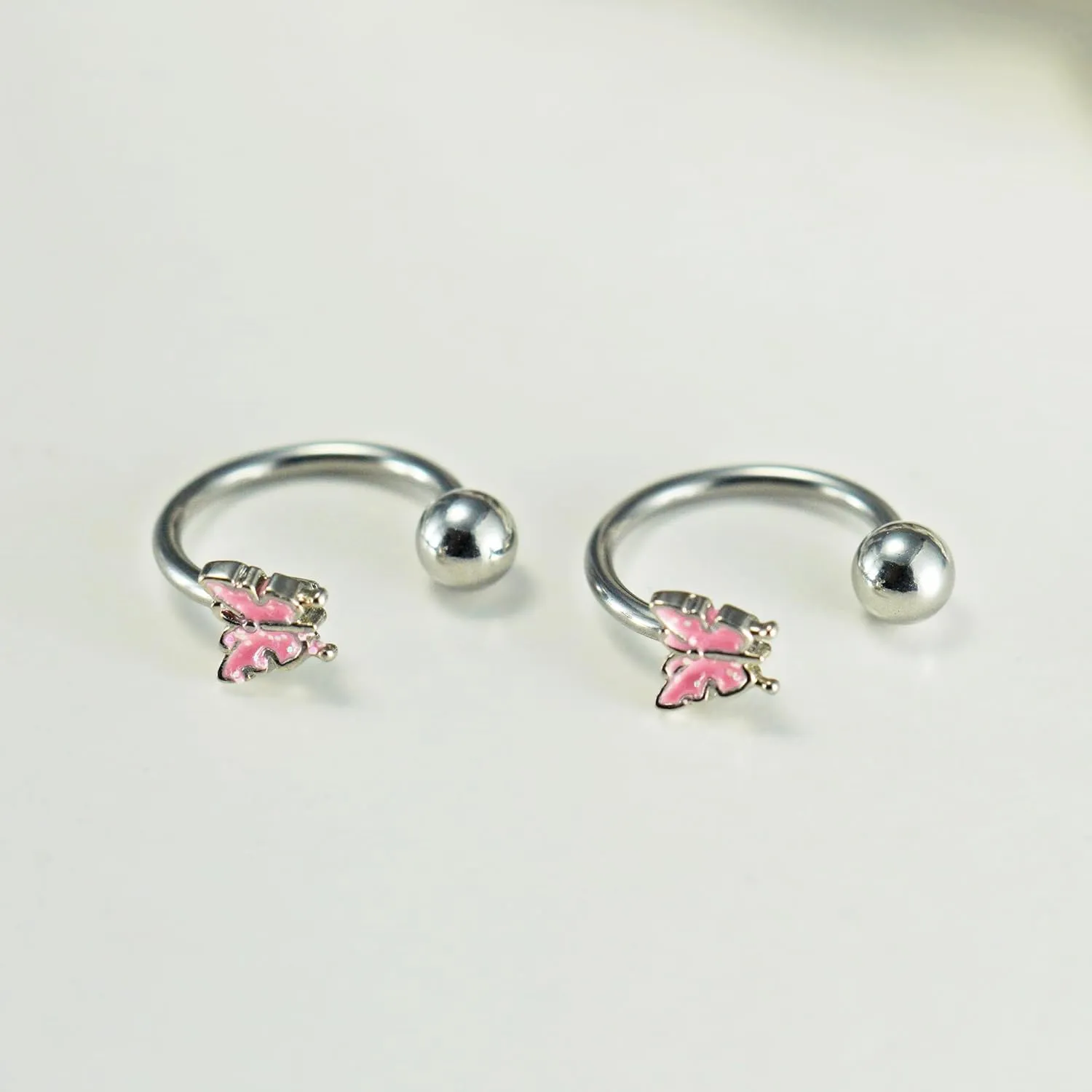 16G 2PCs Cute Pink Butterfly Lip Rings, Snake Bite Jewelry for Snake Bites Piecing, Horseshoe Labret Jewelry for Lip Piercing