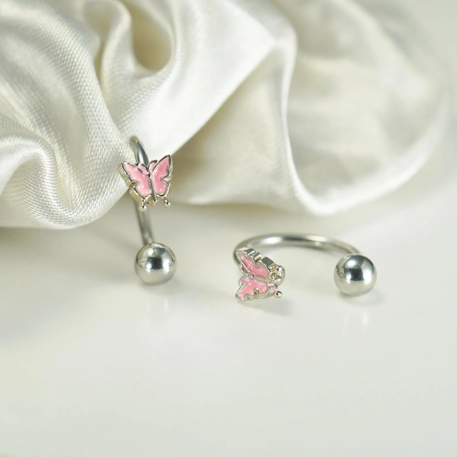 16G 2PCs Cute Pink Butterfly Lip Rings, Snake Bite Jewelry for Snake Bites Piecing, Horseshoe Labret Jewelry for Lip Piercing