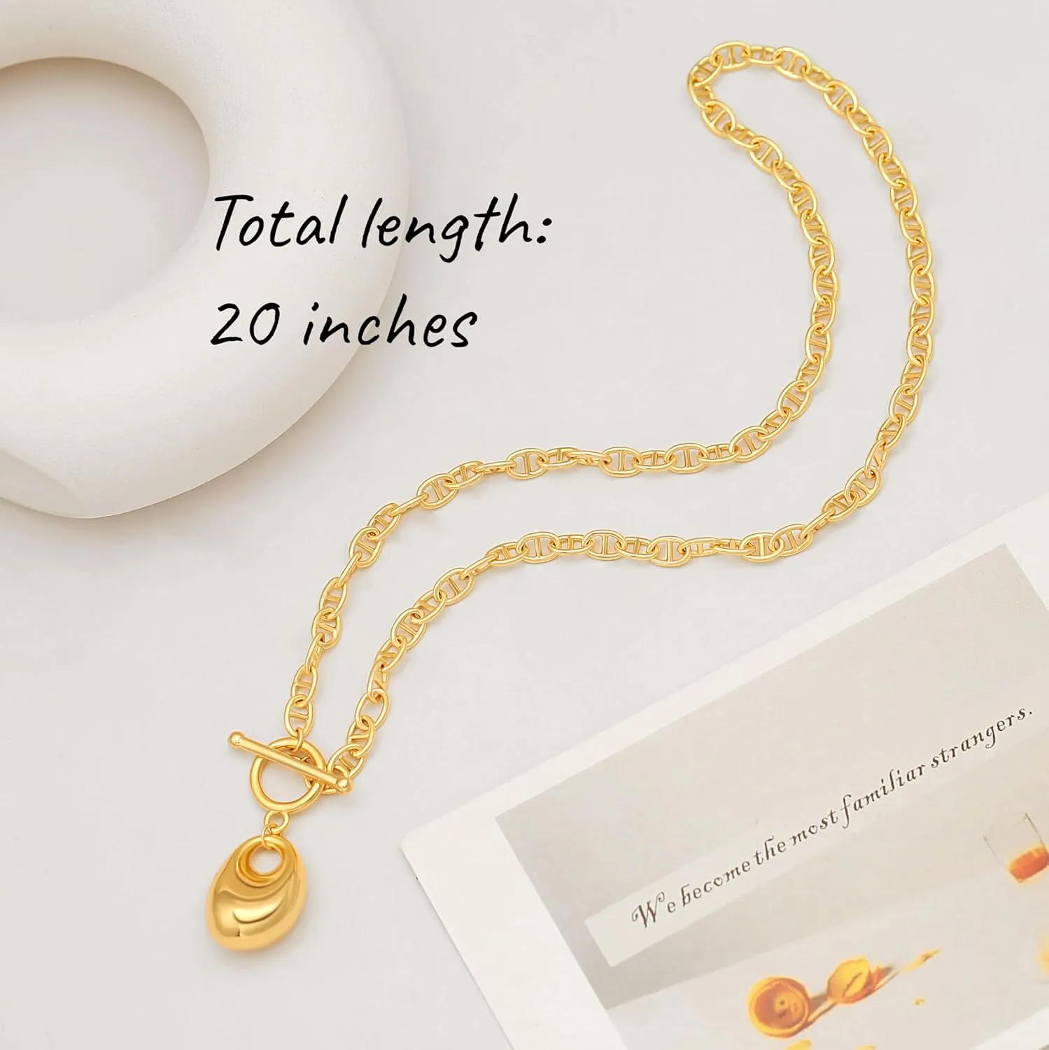 18k Gold Chain Link Necklace for Women, Baroque Pearl/Compass Pendant Necklace