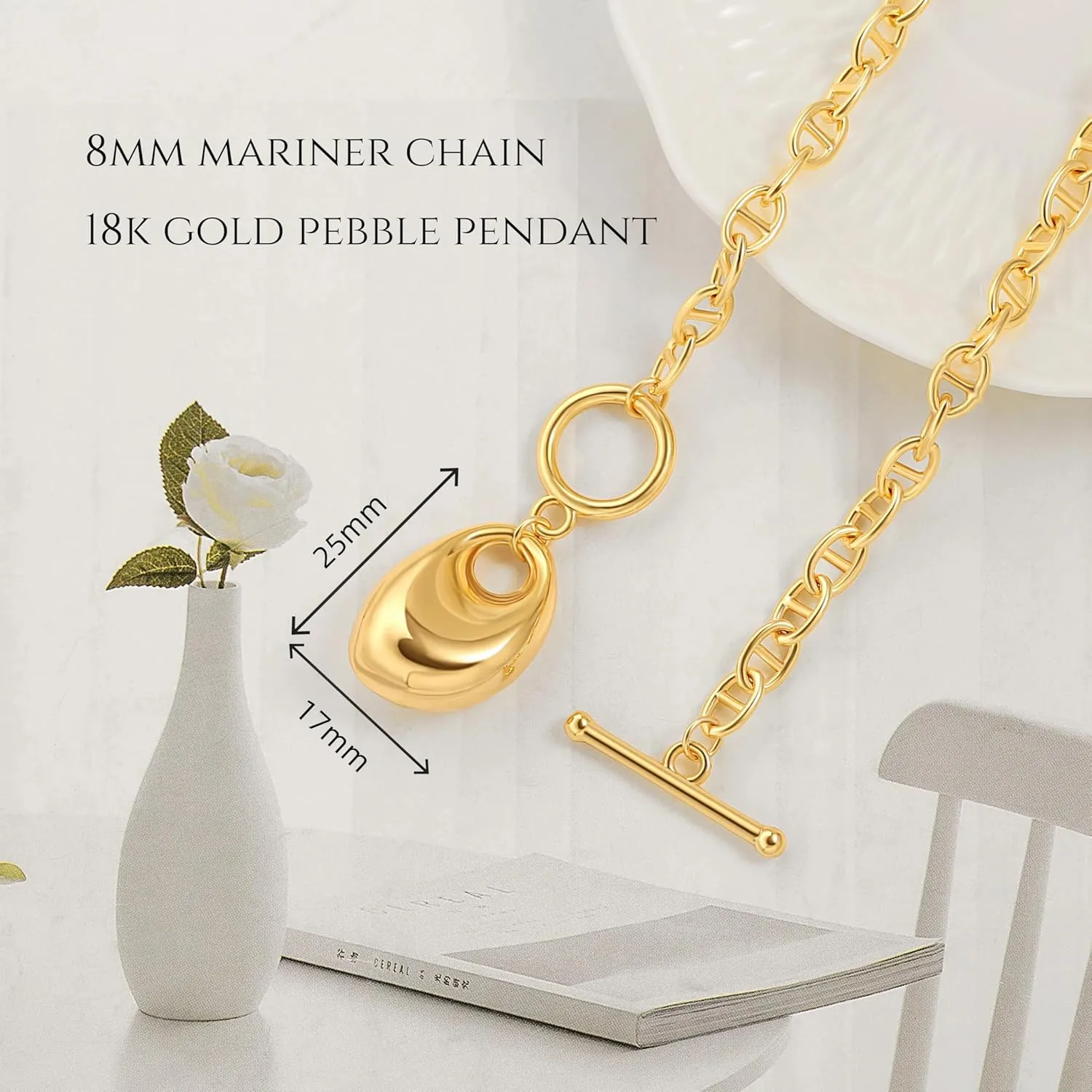 18k Gold Chain Link Necklace for Women, Baroque Pearl/Compass Pendant Necklace