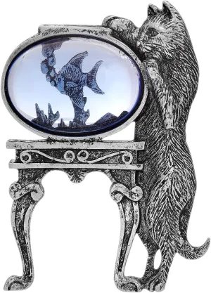 1928 Jewelry Curious Cat and Fishbowl Pin, Vintage Style Unique Kitty And Fish Animal Brooch, Great For Dresses, Scarves, Hats, Lapels, Blazers And Coats