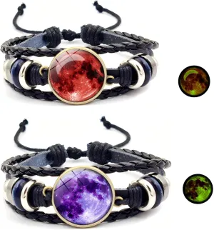 2 Cosmic Star Moonlight Glow in the Dark Bracelets, Handmade Multi-Layer Braided Leather Glow in the Dark Bracelets