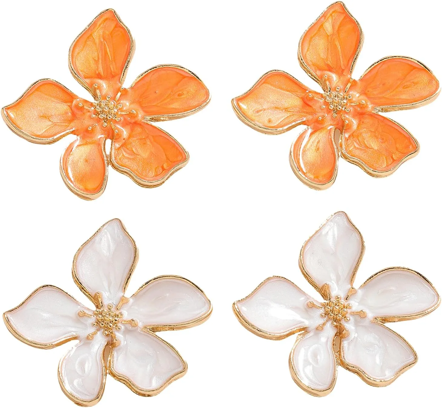 2 Pairs of White Orange Alloy Floral Stud Earrings Set for Women, Dainty Metal Flower Earring Stud for Summer Elegant Petal Wedding Jewelry Gift