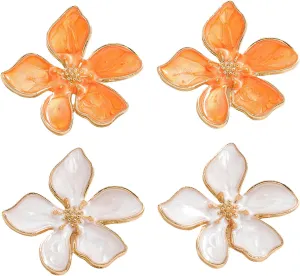 2 Pairs of White Orange Alloy Floral Stud Earrings Set for Women, Dainty Metal Flower Earring Stud for Summer Elegant Petal Wedding Jewelry Gift