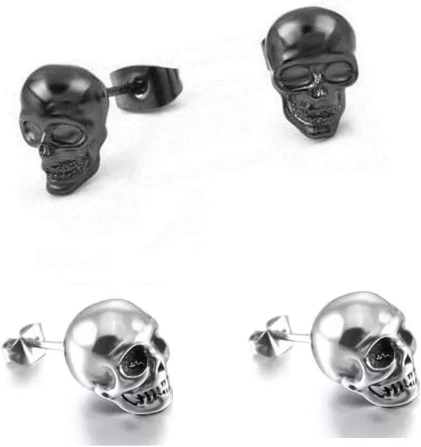 2 Pairs Punk Stainless Steel Stud Skull Earrings Fashion Style Cupimatch Silver Black Rock Ear Piercing Earrings For Mens Women