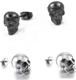 2 Pairs Punk Stainless Steel Stud Skull Earrings Fashion Style Cupimatch Silver Black Rock Ear Piercing Earrings For Mens Women