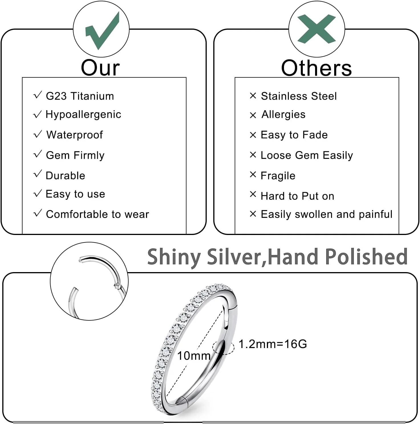 20G 18G 16G Titanium Nose Rings Hoops G23 Hinged Septum Nose Rings Clicker Helix Daith Rook Cartilage Tragus Earrings Segment Ring Lip Ring Piercing Jewelry for Women Men 8mm 10mm