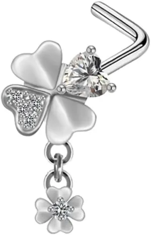 20G Four Leaf Clover Dangle Nose Rings for Women Stainless Steel L-Shaped Shamrock Nose Studs Rings Nose Piercing Jewelry for ST Patricks Day Irish