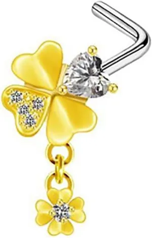 20G Four Leaf Clover Dangle Nose Rings for Women Stainless Steel L-Shaped Shamrock Nose Studs Rings Nose Piercing Jewelry for ST Patricks Day Irish