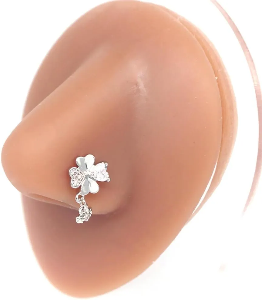 20G Four Leaf Clover Dangle Nose Rings for Women Stainless Steel L-Shaped Shamrock Nose Studs Rings Nose Piercing Jewelry for ST Patricks Day Irish