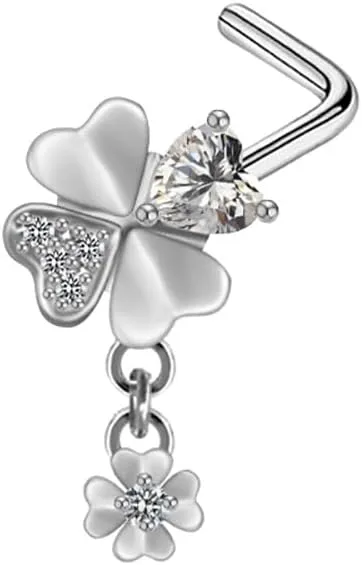20G Four Leaf Clover Dangle Nose Rings for Women Stainless Steel L-Shaped Shamrock Nose Studs Rings Nose Piercing Jewelry for ST Patricks Day Irish