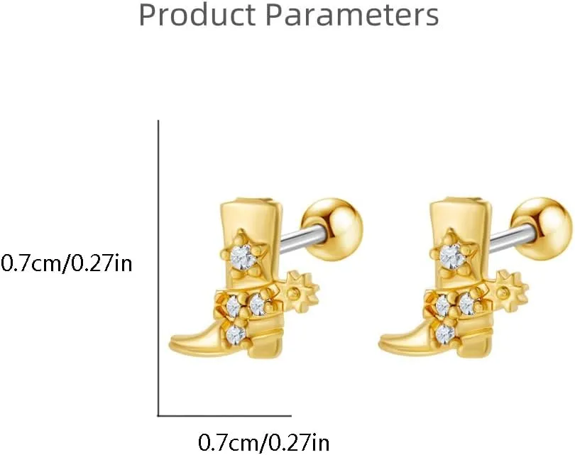 20g Western Cowgirl Boots CZ Small Tiny Stud Earrings for Women Men Cartilage Tragus Barbell Screw Back Cute Stainless Steel Gold Silver Plated Cowboy Boot Little Sleeper Piercing Studs Earring Fashion Jewelry Gifts
