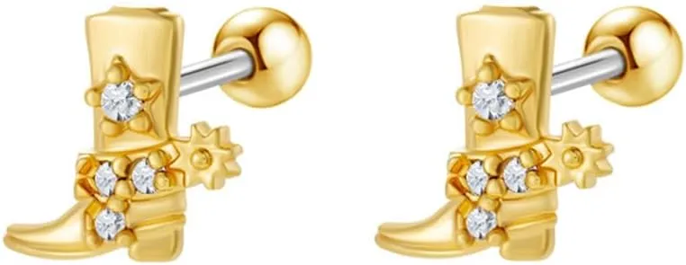 20g Western Cowgirl Boots CZ Small Tiny Stud Earrings for Women Men Cartilage Tragus Barbell Screw Back Cute Stainless Steel Gold Silver Plated Cowboy Boot Little Sleeper Piercing Studs Earring Fashion Jewelry Gifts