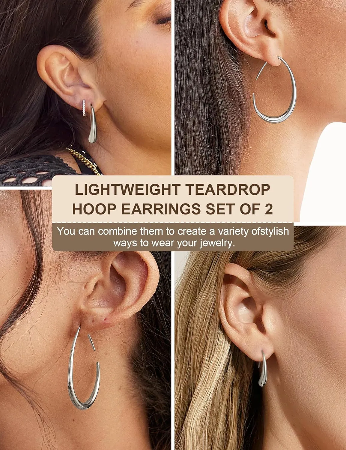 2Pairs Lightweight Teardrop Hoop Earrings for Women - 18k Gold Plated Large Small Size Oval Pull Through Hoop Earrings Teen Gift High Polished Statement Jewelry for Women